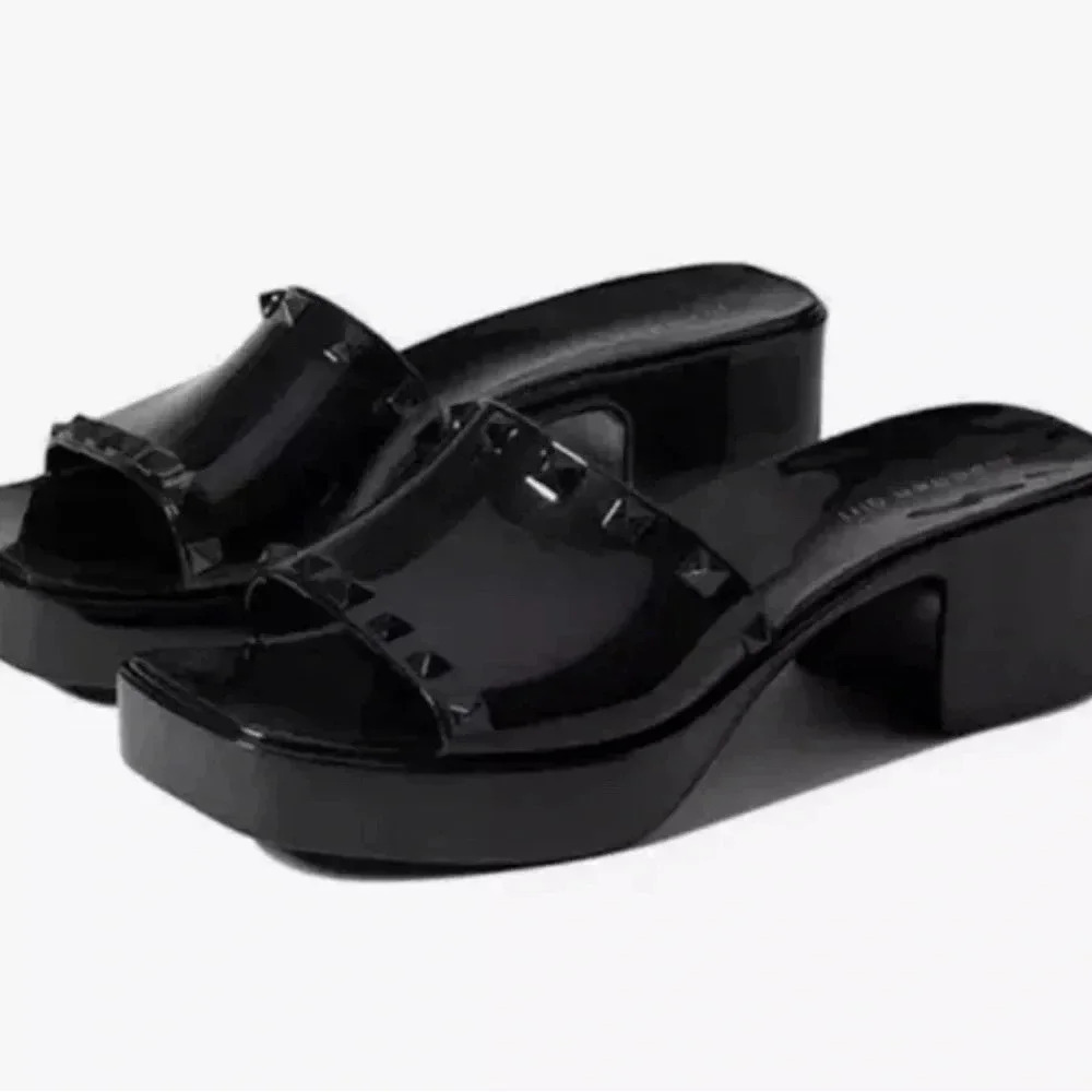 Madden Girl Sz 9 Black Rubbery Block Studded Slides Sandals NEW